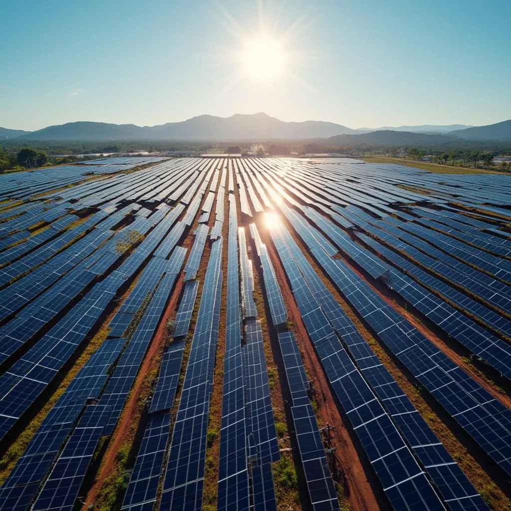 Vista aérea de um grande parque solar da Energia Brasil
