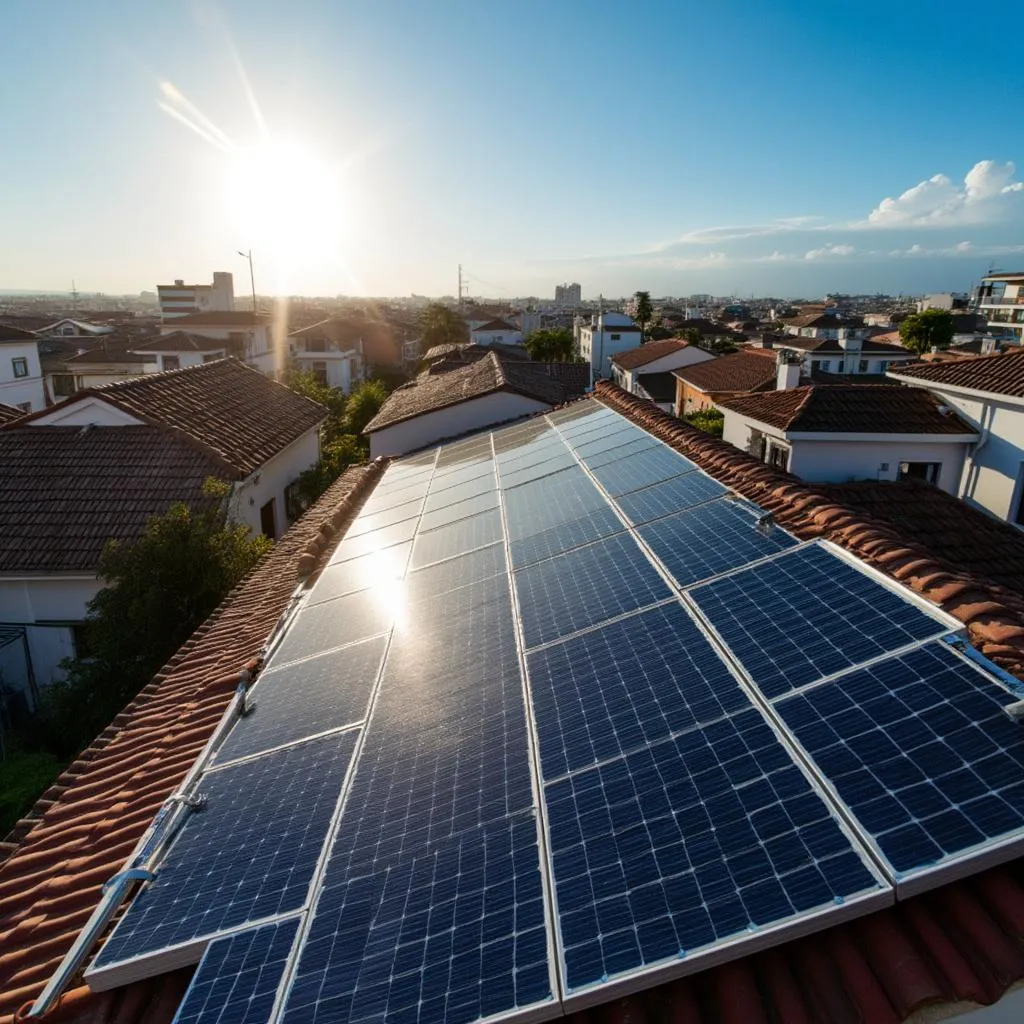 Painéis solares em telhado residencial no Brasil
