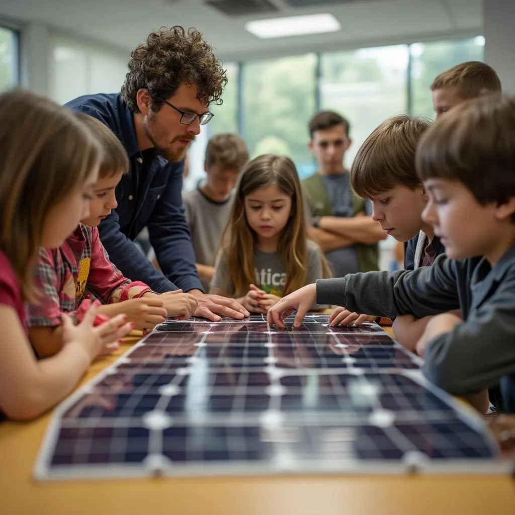 Crianças aprendendo sobre energia solar em uma oficina educativa