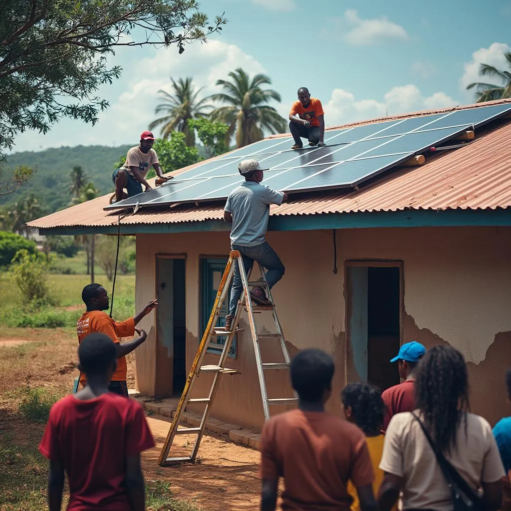 Instalação de painéis solares em um centro comunitário